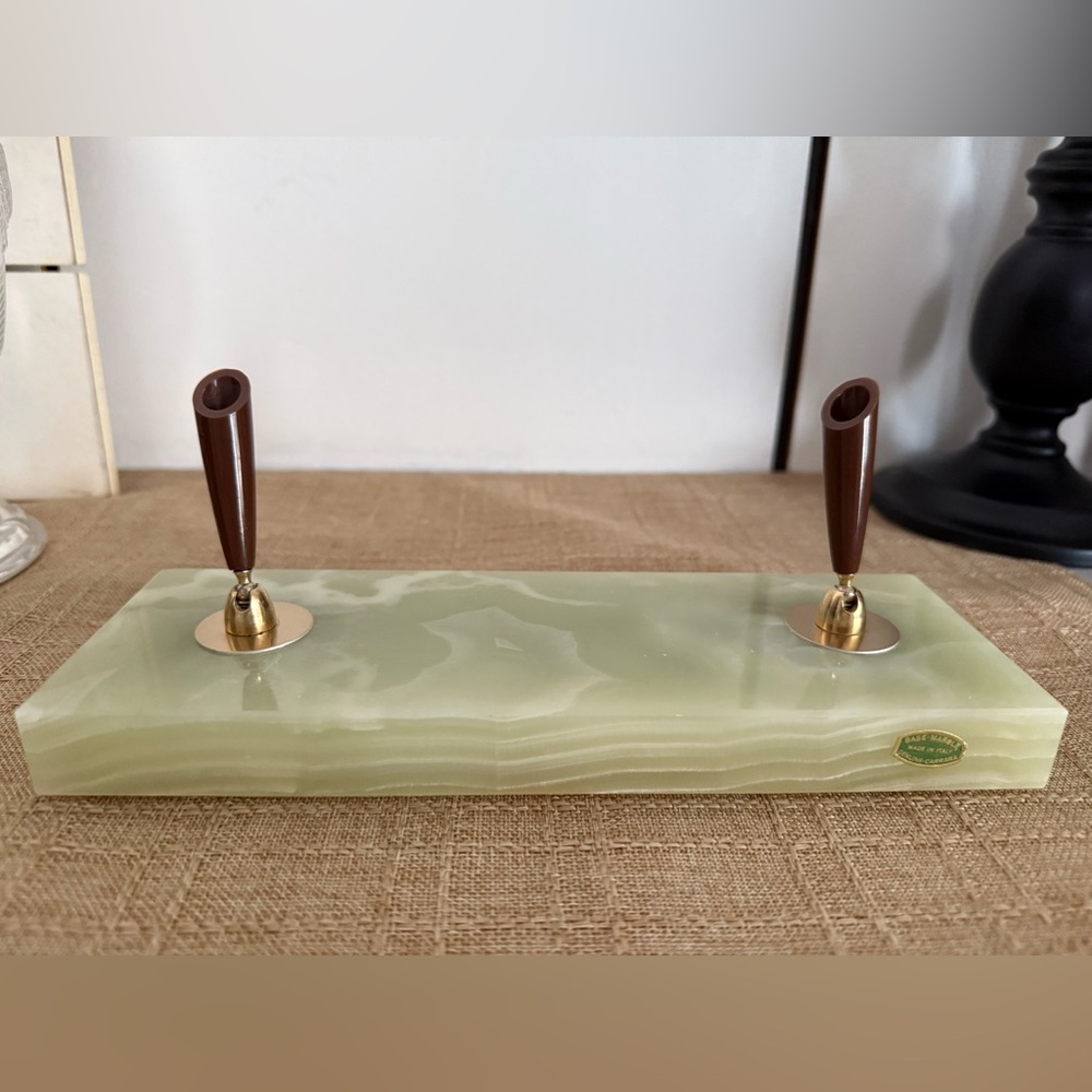 Vintage Marble Pen Holder with Brass Accents. Made in Italy.